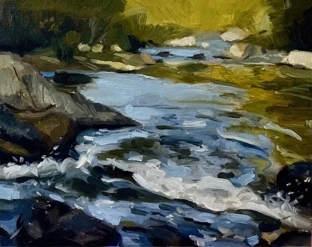 An impressionistic painting of a river flowing over rocks with trees and greenery in the background.
