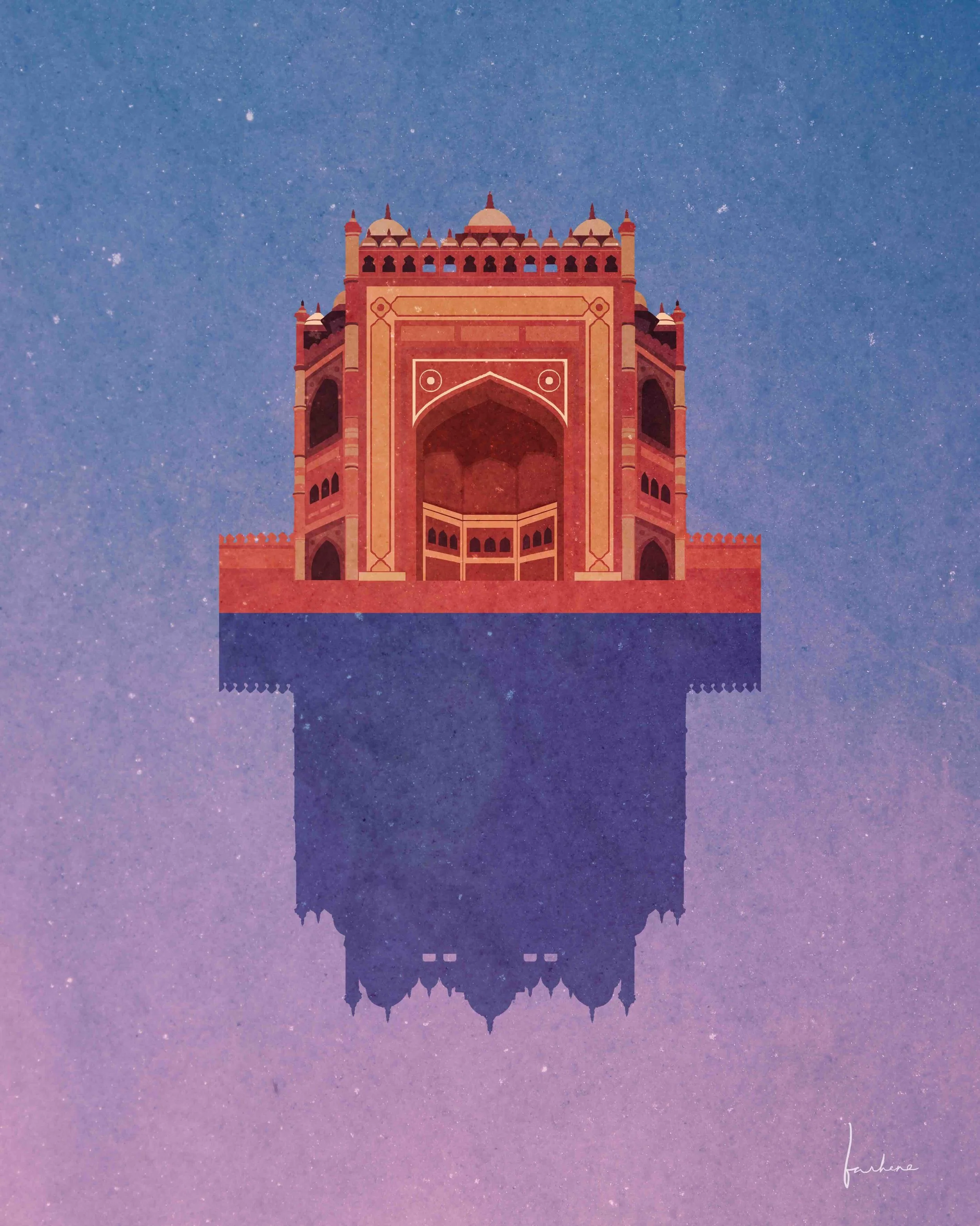 Digital illustration of a historic red sandstone monument set against a starry sky with purple and blue gradient colors