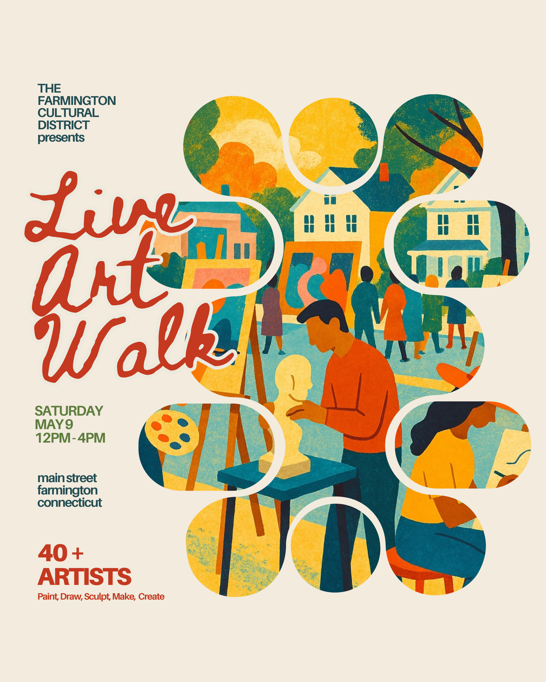 Poster for the 'Live Art Walk' event in Farmington, Connecticut, with artwork of artists creating and displaying art in a community setting.