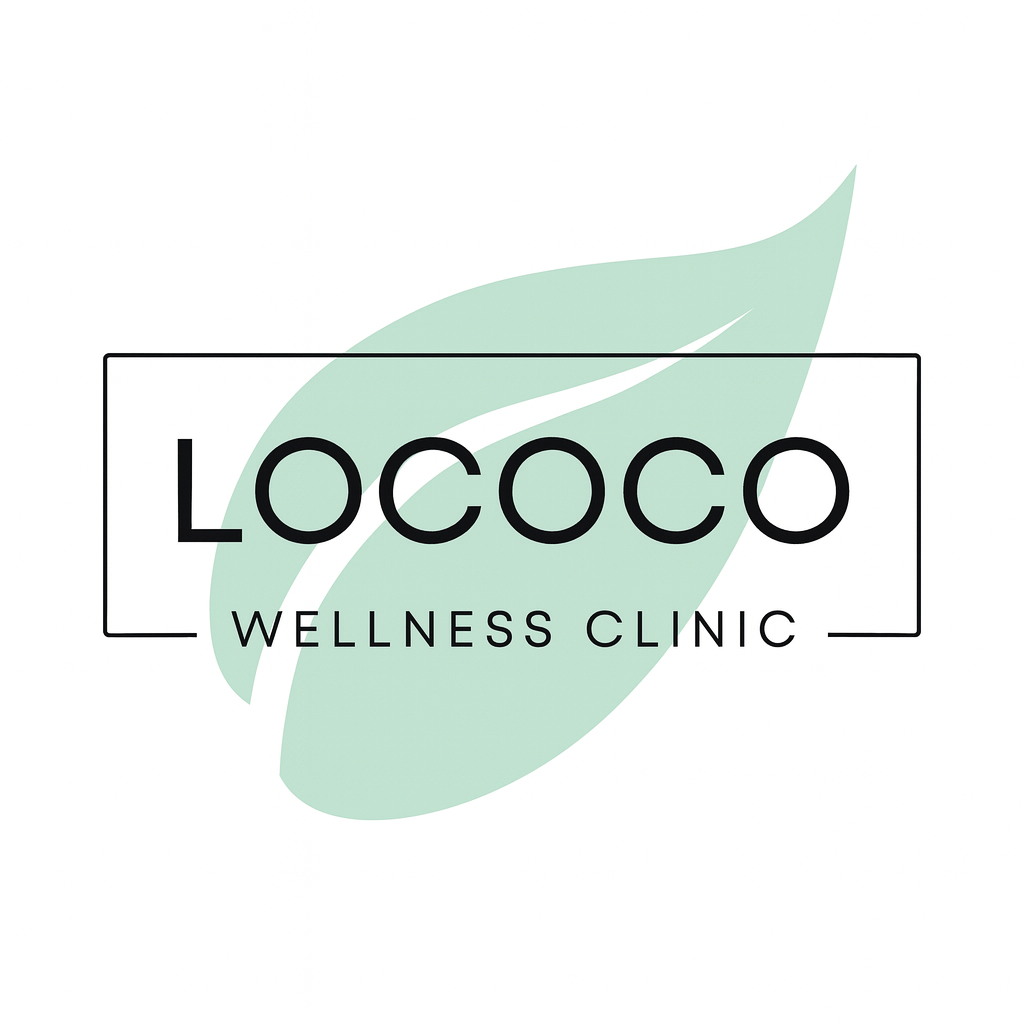 Logo for Lococo Wellness Clinic with a light green leaf in the background and black text overlay.