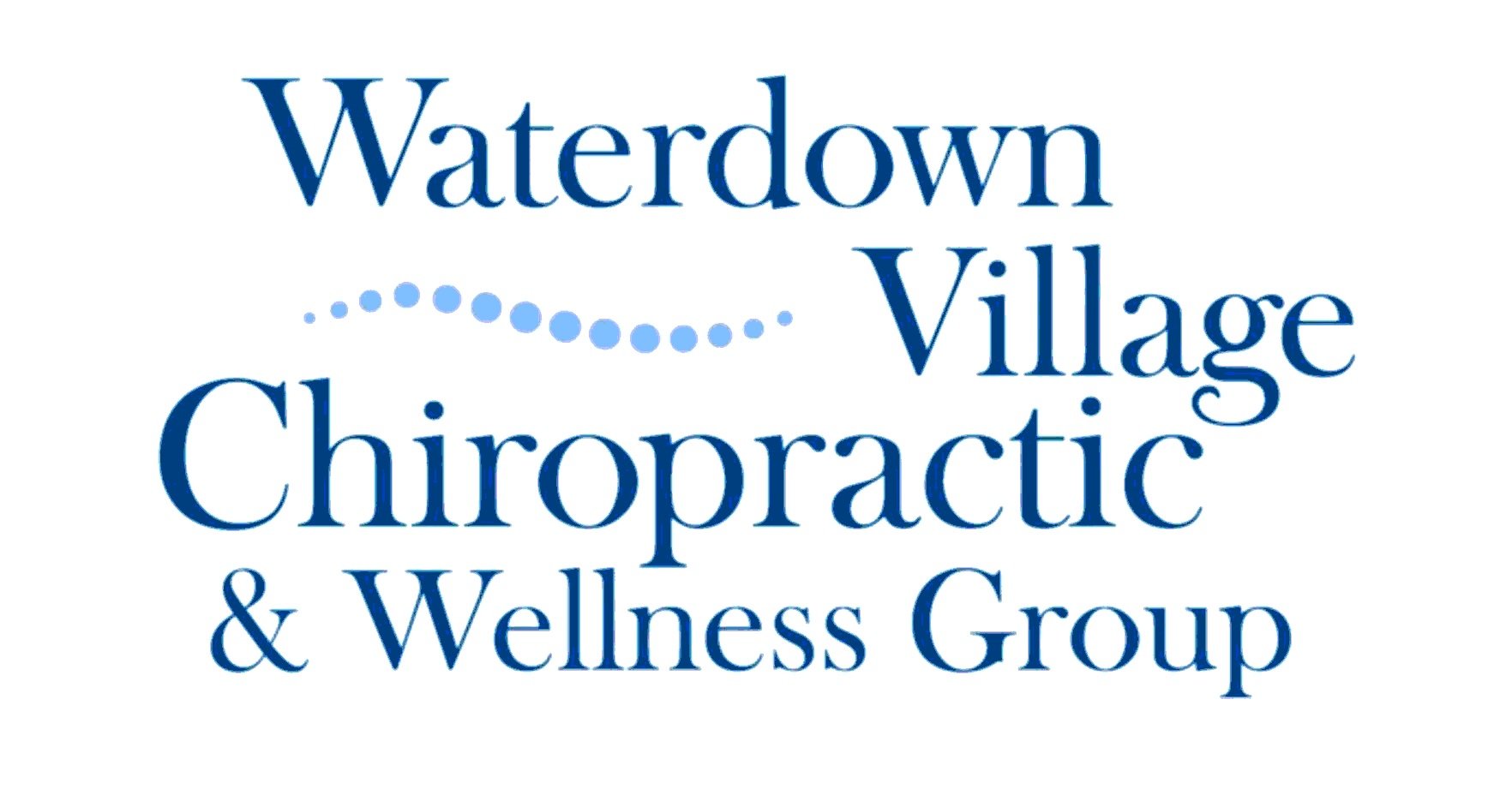 Logo of Waterdown Village Chiropractic & Wellness Group in blue text with a dotted line representing a water wave.