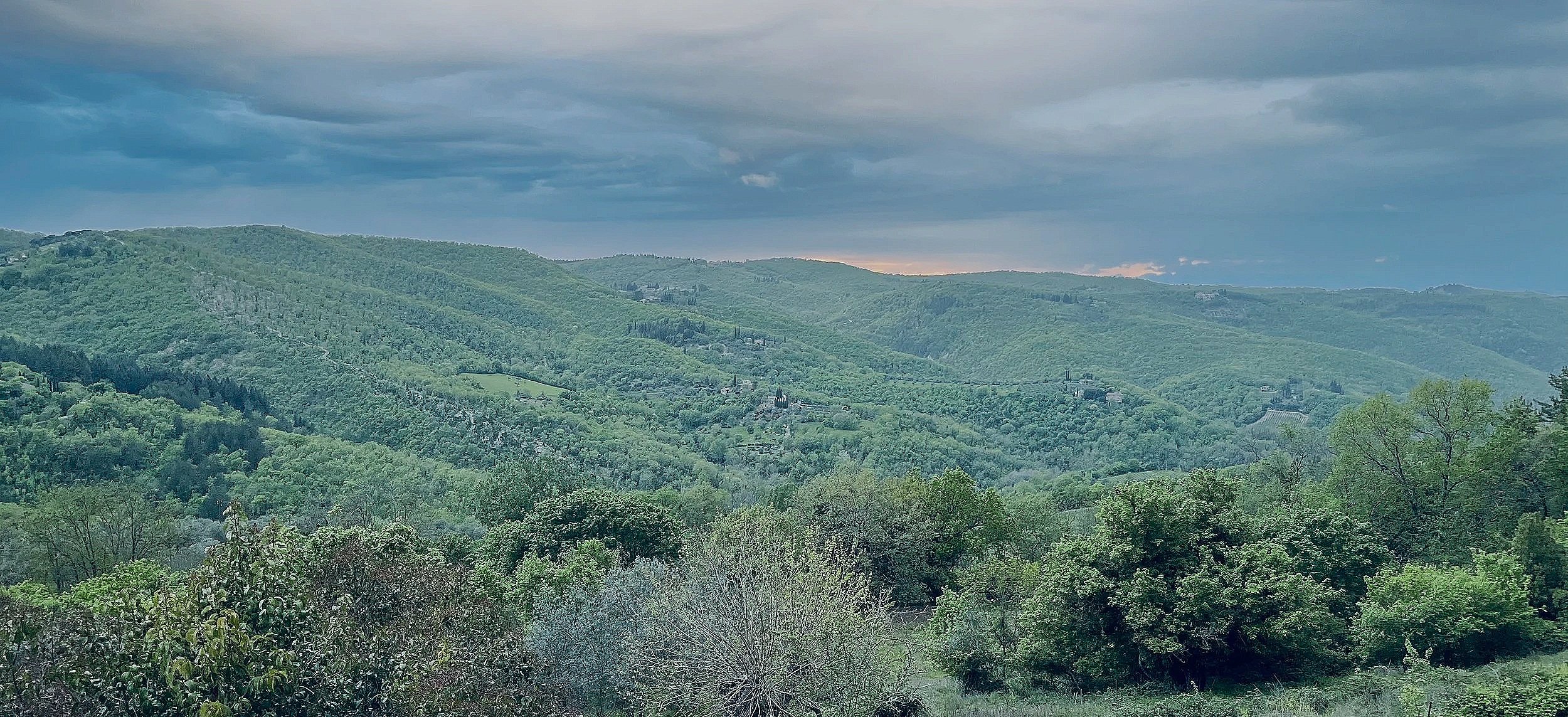 Lush green hills with trees, houses, and a cloudy sky.