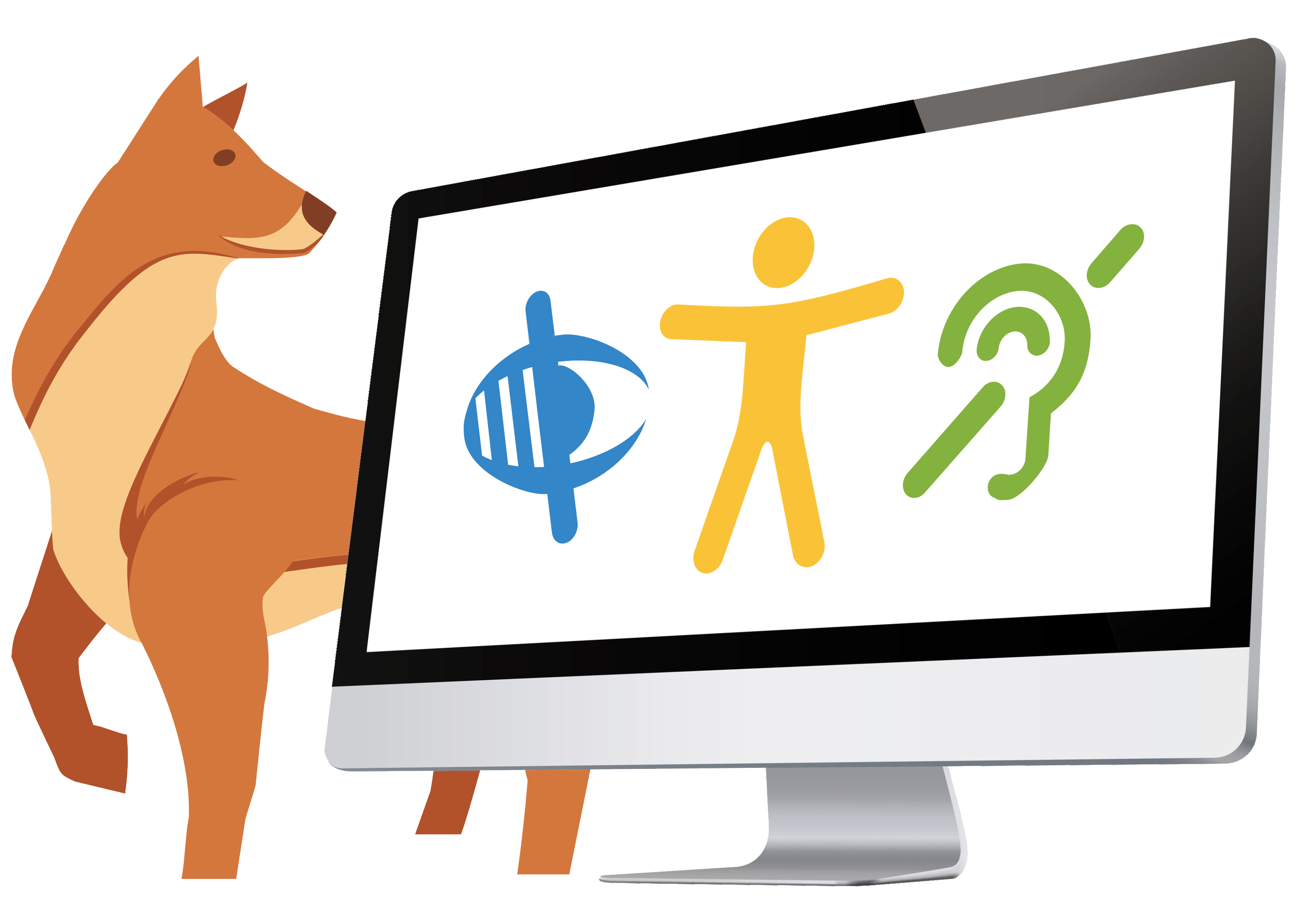Illustration of a beauceron with a computer monitor displaying abstract icons related to accessibility.