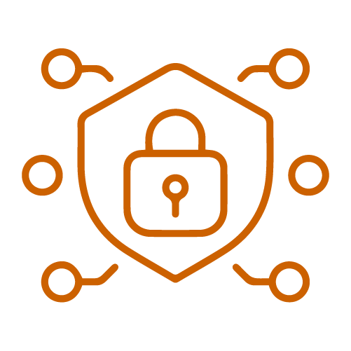 Outline of a shield with a lock inside, surrounded by six small circles connected by lines, representing data protection and cybersecurity awareness.