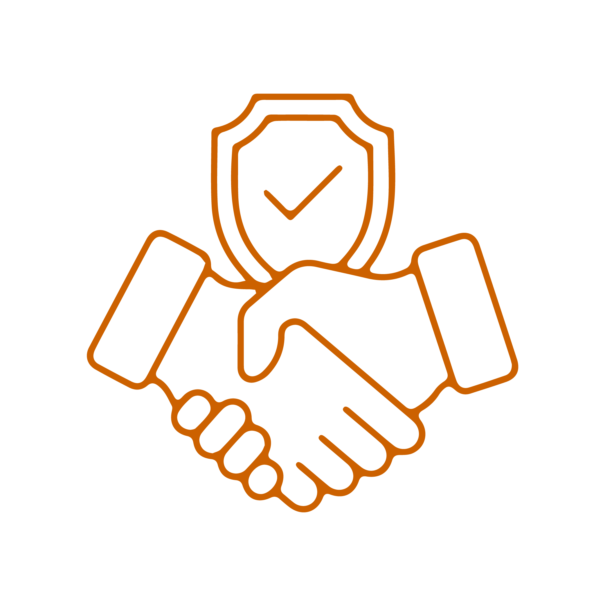 Outline of a handshake with a shield containing a checkmark above, symbolizing trust, digital security, and cyber resilience.