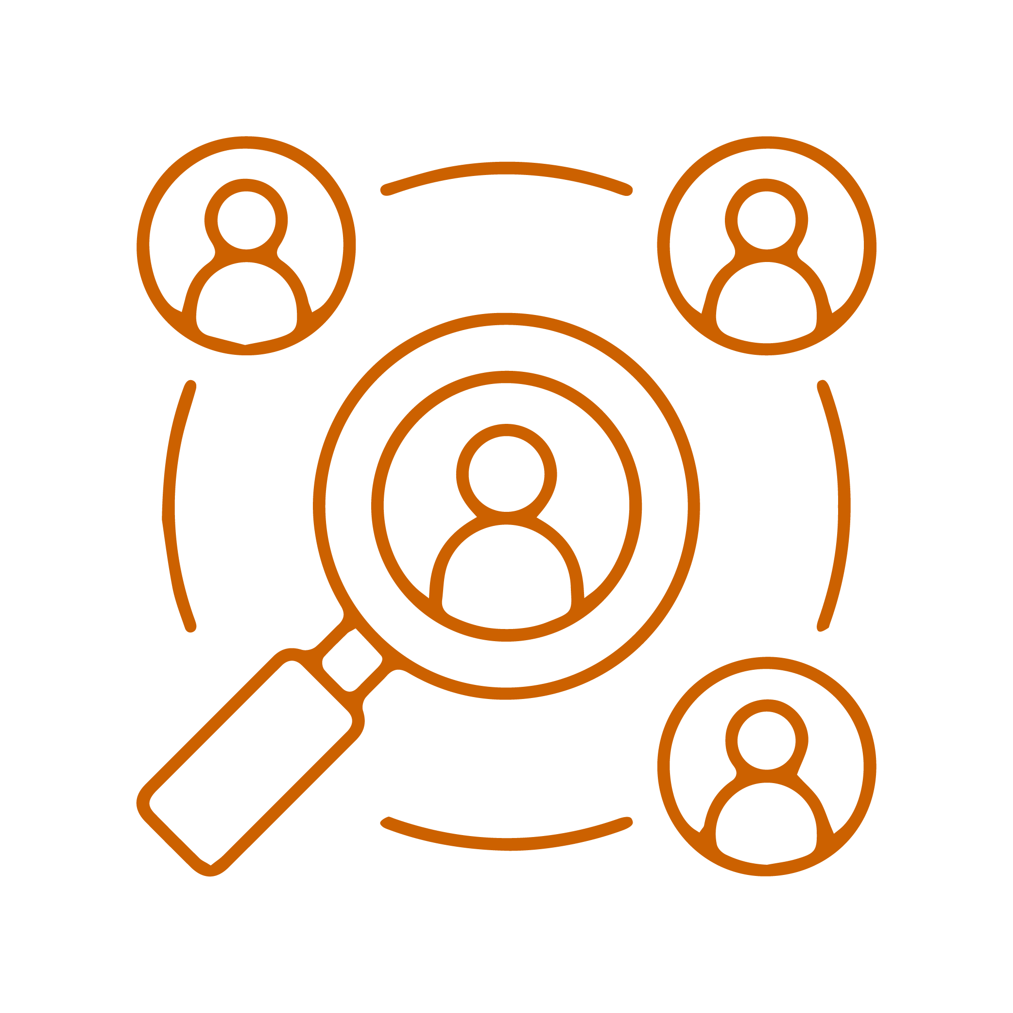Outline of a magnifying glass focusing on a person’s icon, with four other person icons connected around it, representing user behavior and network security awareness.