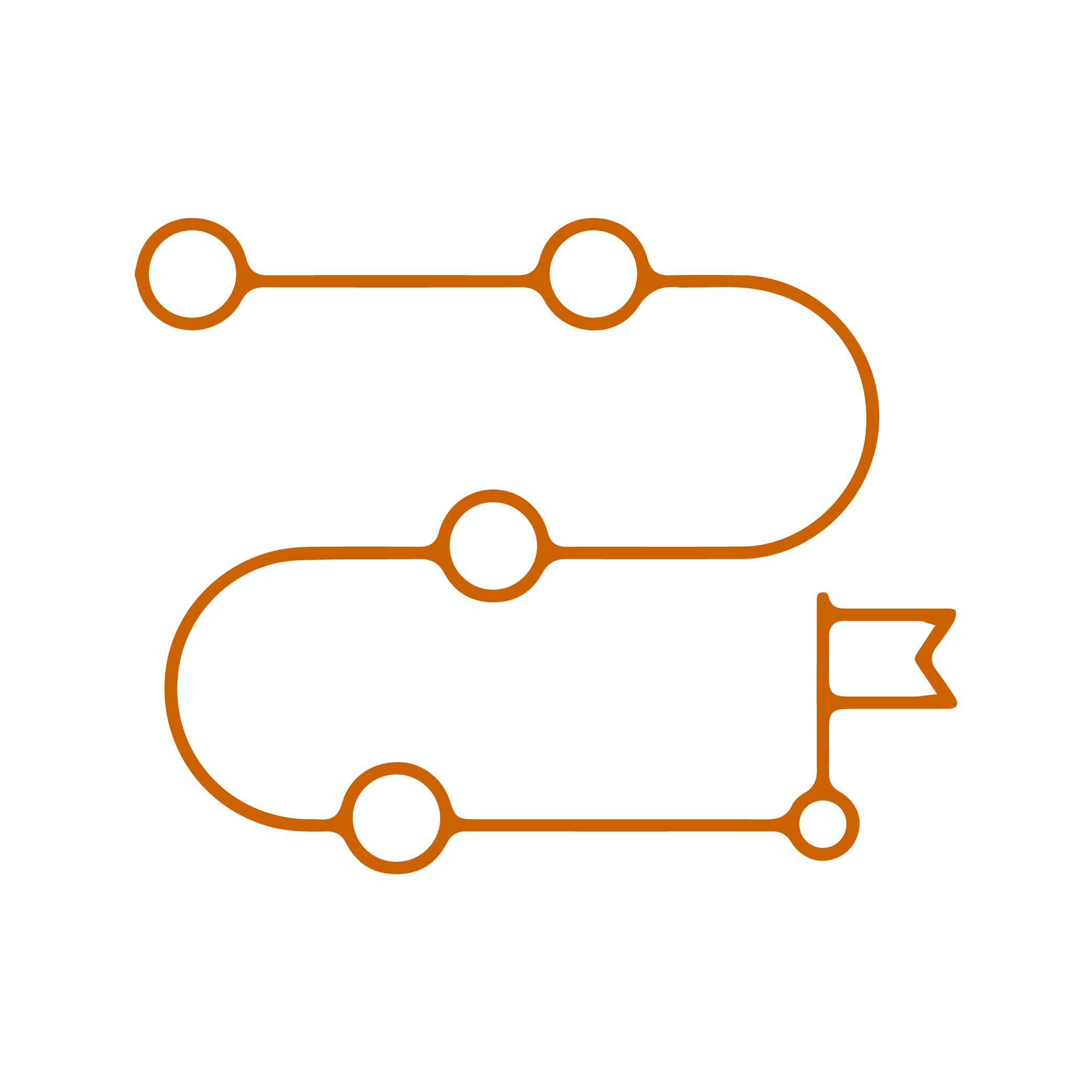 A digital illustration of a game level or pathway with three connected oval-shaped areas outlined in orange, ending with a small flag, symbolizing gamified cybersecurity learning.