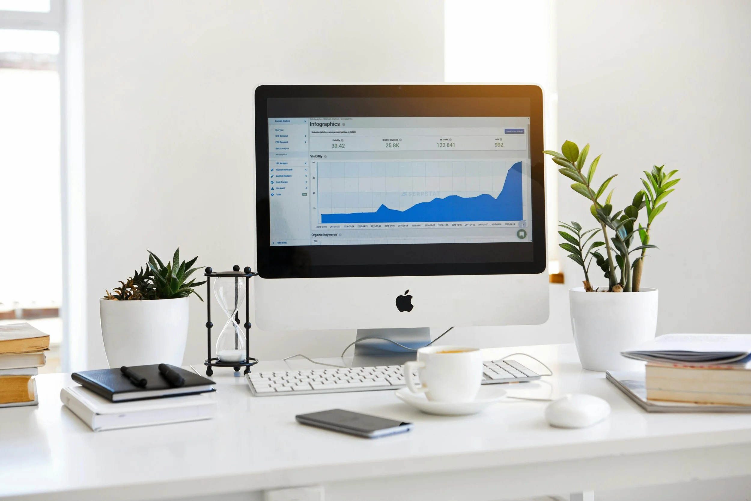 A clean, white office desk with an Apple iMac displaying graph data and analytics of phishing simulation reports, surrounded by notebooks, a coffee cup, potted plants, an hourglass, and a wireless mouse.