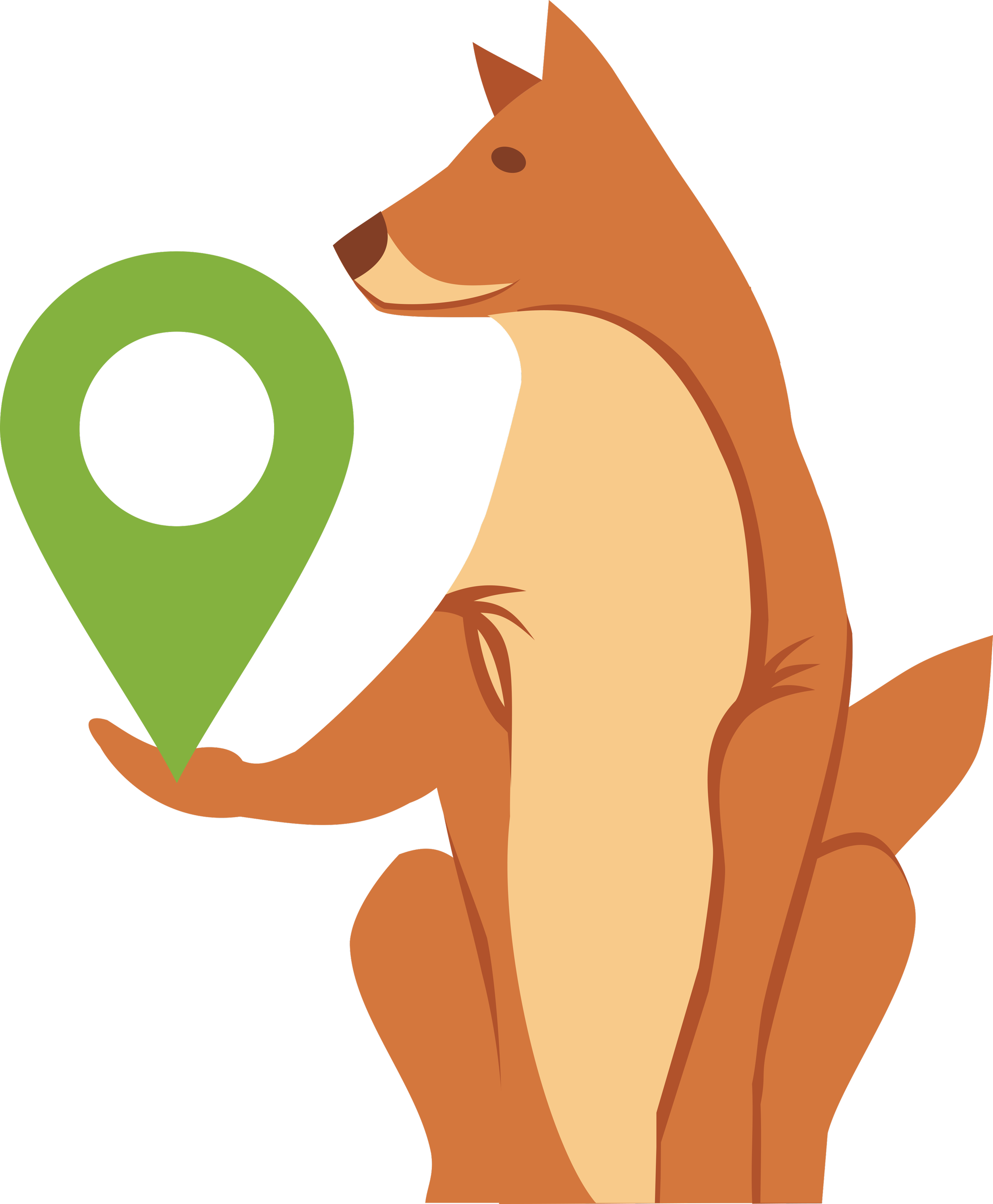 An illustrated beauceron sitting and holding a green location pin with a black center.