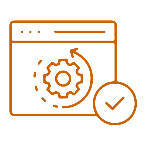 An icon of a web browser window with a gear symbol inside and a checkmark in a circle, representing secure website or software setup.