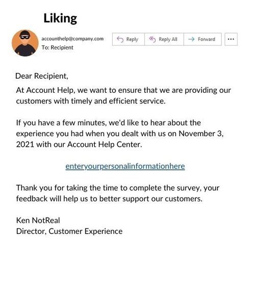 Example of reciprocity phishing e-mail