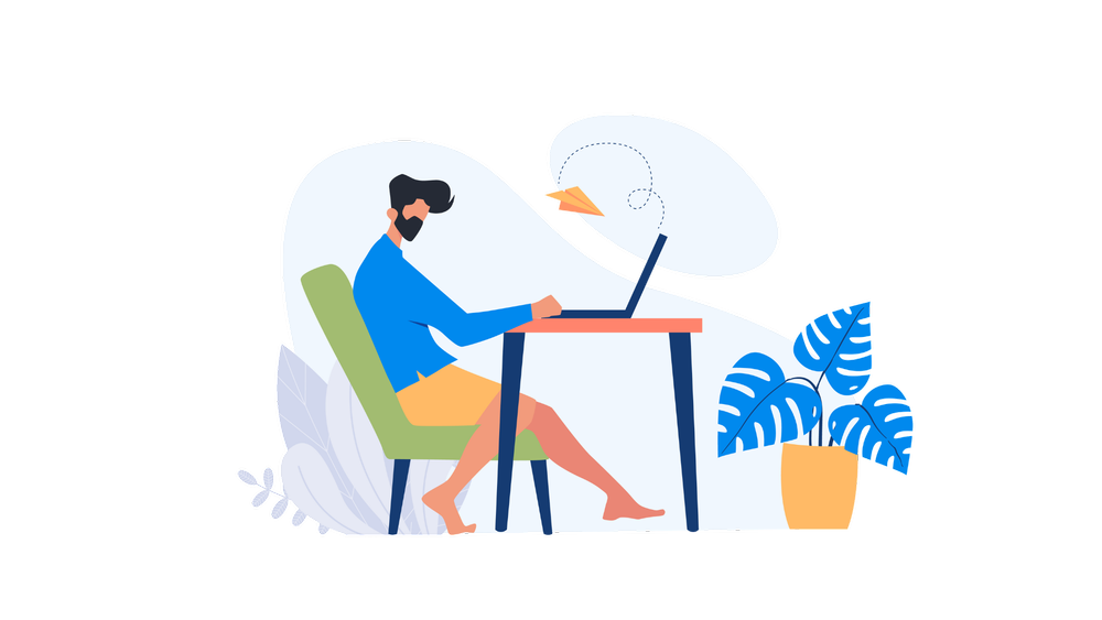 Cartoon graphic of casually dressed bearded man working at home on a laptop