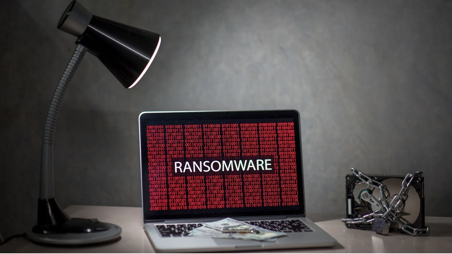 Ominous looking laptop with the word ransomware