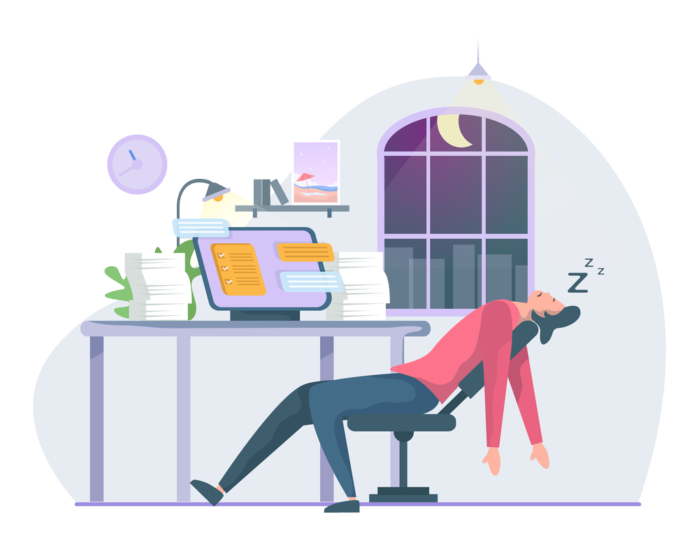 Cartoon graphic of man falling asleep at the computer