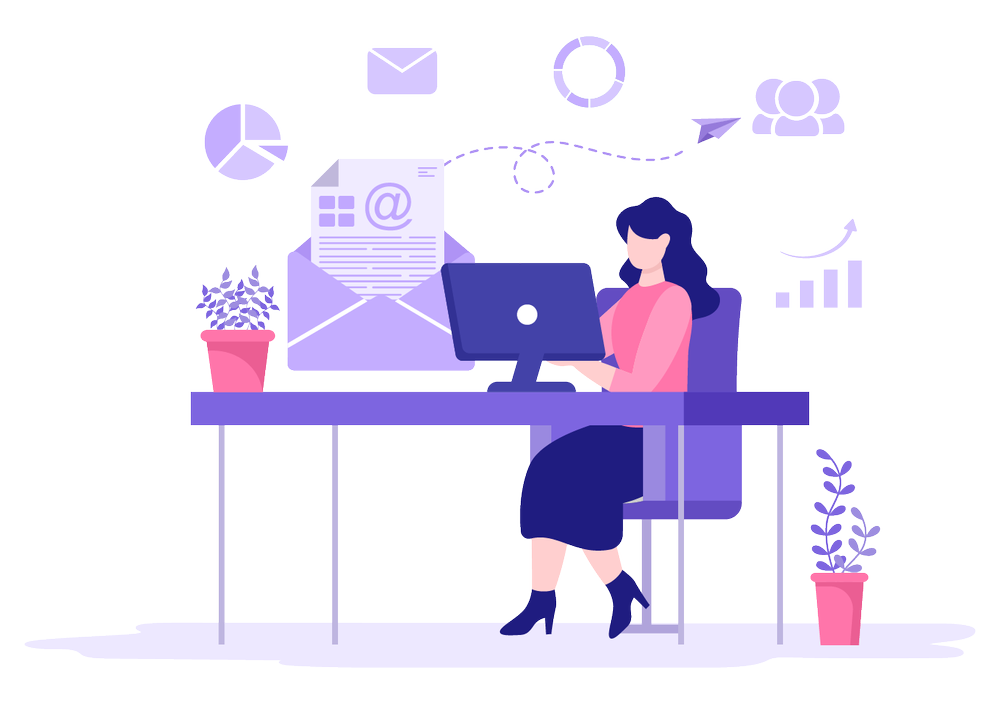 Cartoon graphic of lady at desk reading emails