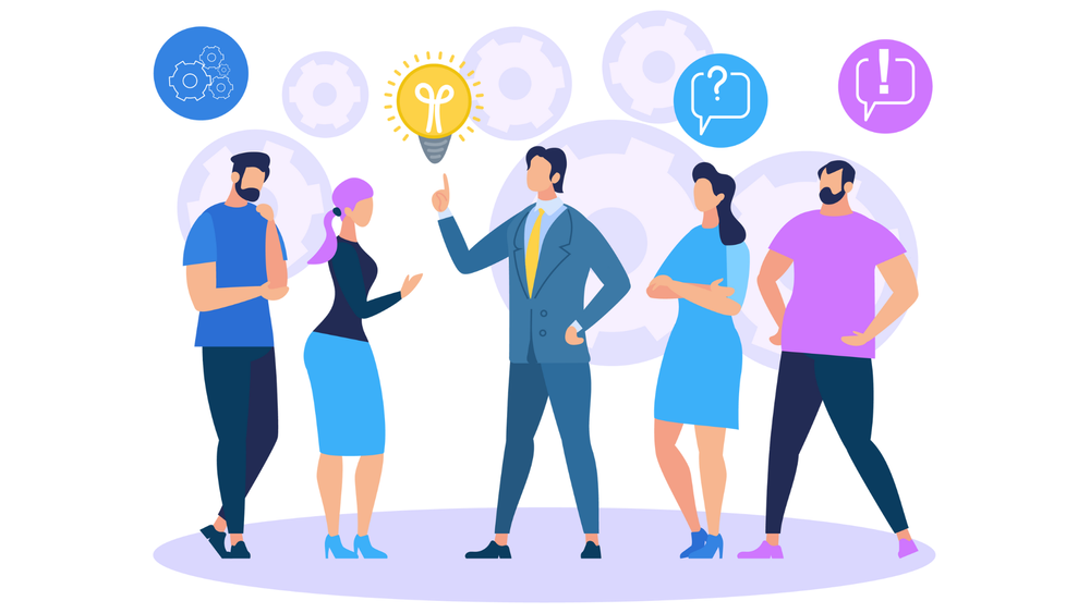 Cartoon graphic of people talking about ideas