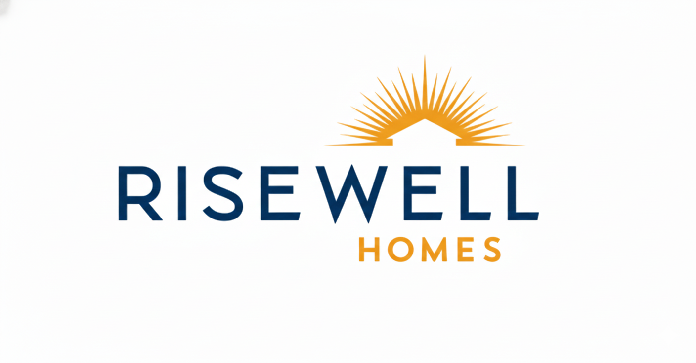 Logo for Risewell Homes featuring a stylized sunrise or sunset over a house outline, with the company name in bold blue letters and the word 'Homes' in orange.