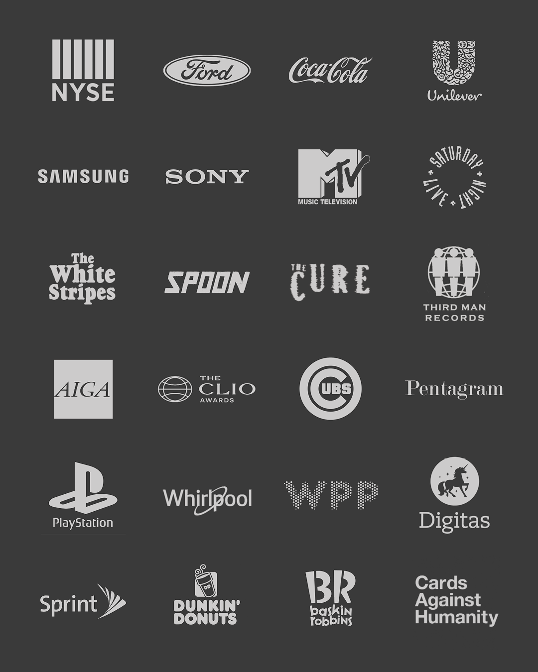 A collection of various company and organization logos in white on a black background.