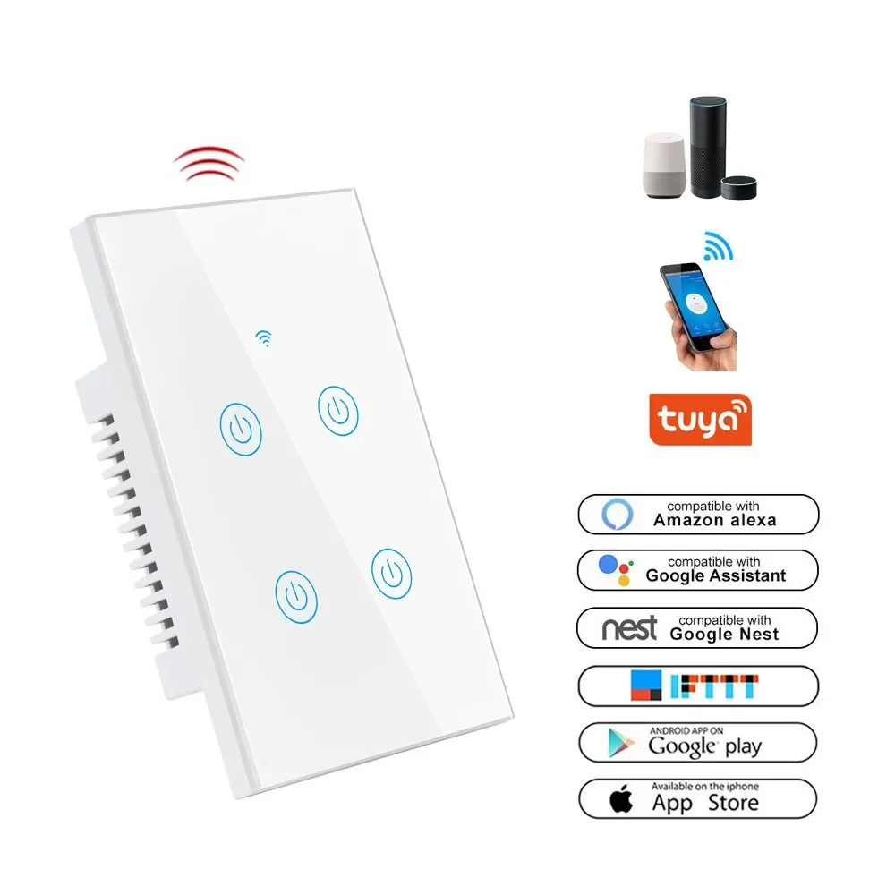 A white remote control with four blue power buttons, Wi-Fi icons, and various compatibility icons for smart home devices and voice assistants.