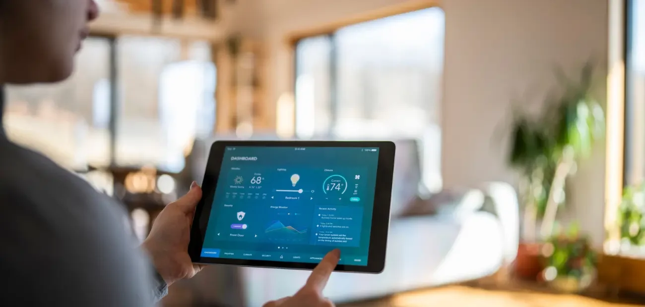 Person holding a tablet displaying a smart home control dashboard, with a living room and large windows in the background.