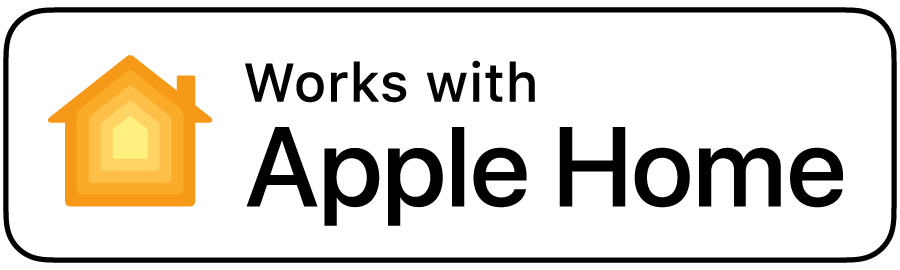Badge showing compatibility with Apple Home technology, featuring an orange house icon and the text "Works with Apple Home".