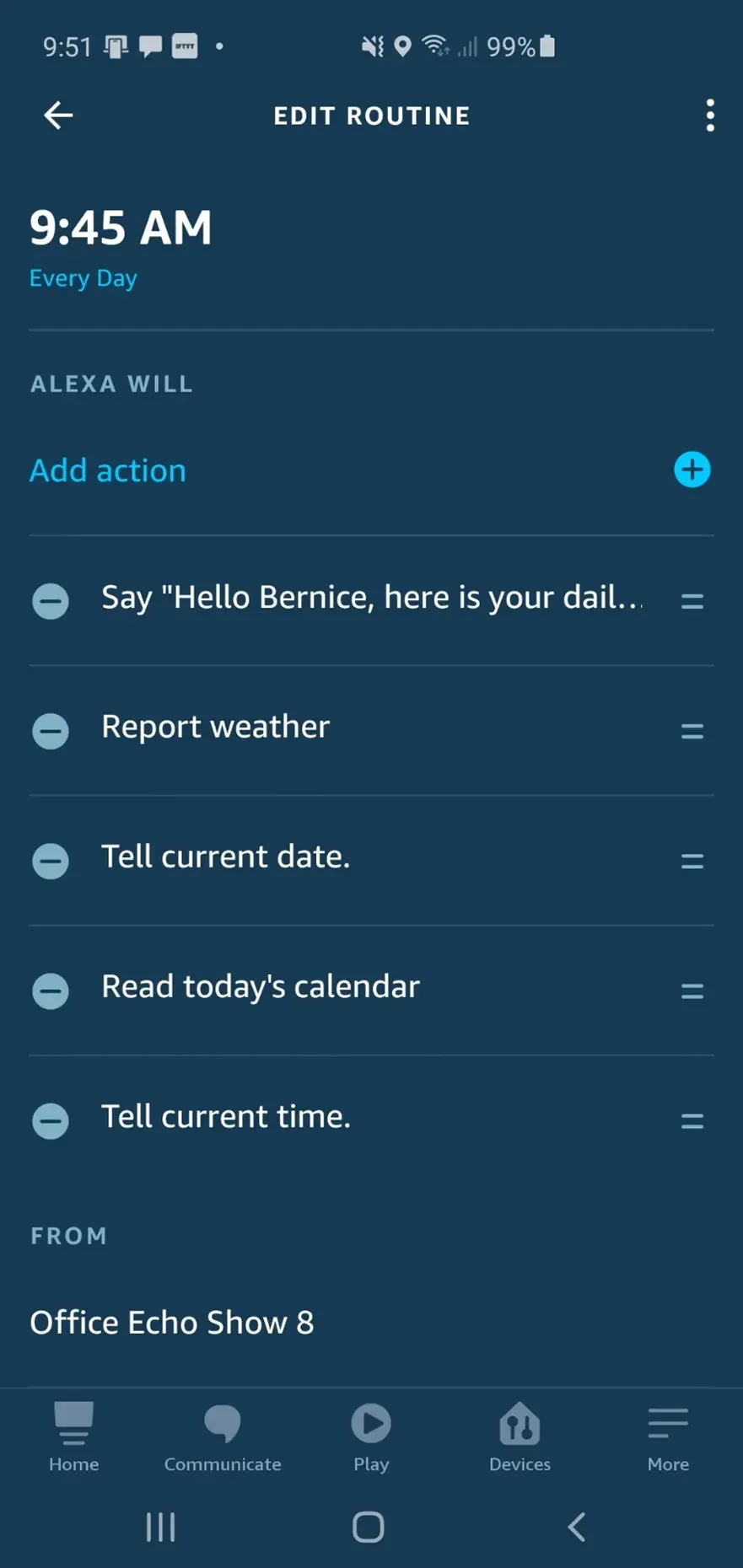 Screenshot of a phone app displaying a daily routine setup for 9:45 AM with tasks like saying hello, reporting weather, telling date, reading calendar, and telling time, linked to 'Office Echo Show 8'