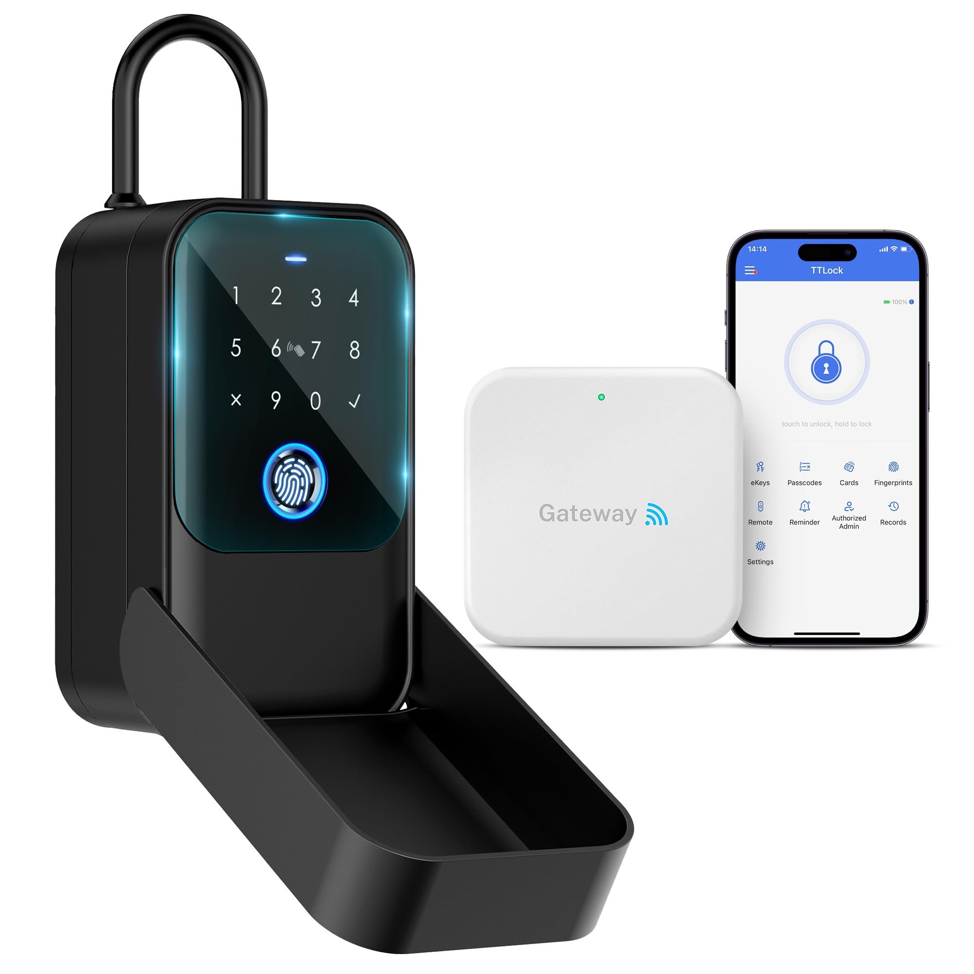Smart digital door lock with touchscreen keypad, fingerprint scanner, and accompanying smartphone app for remote access.