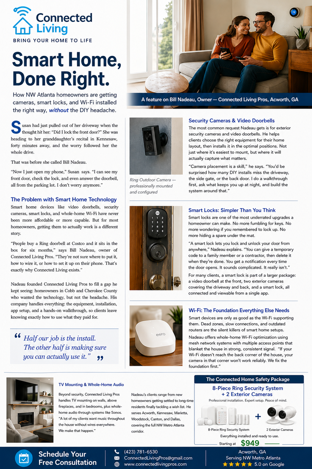 Smart home installation services in NW Atlanta including Ring security systems, WiFi optimization, and smart home setup by Connected Living Pros