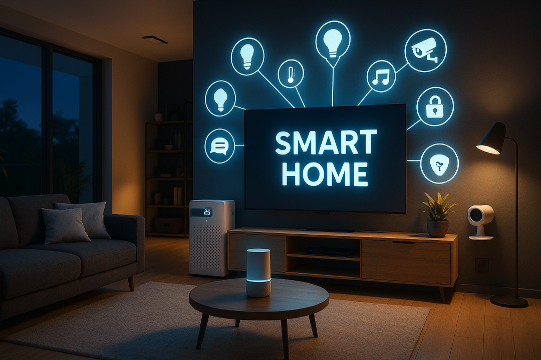 Living room with smart home technology, including a large screen saying 'Smart Home,' illuminated icons of light bulbs, a speech bubble, a thermometer, a music note, a security camera, a lock, a heart, and a power symbol.