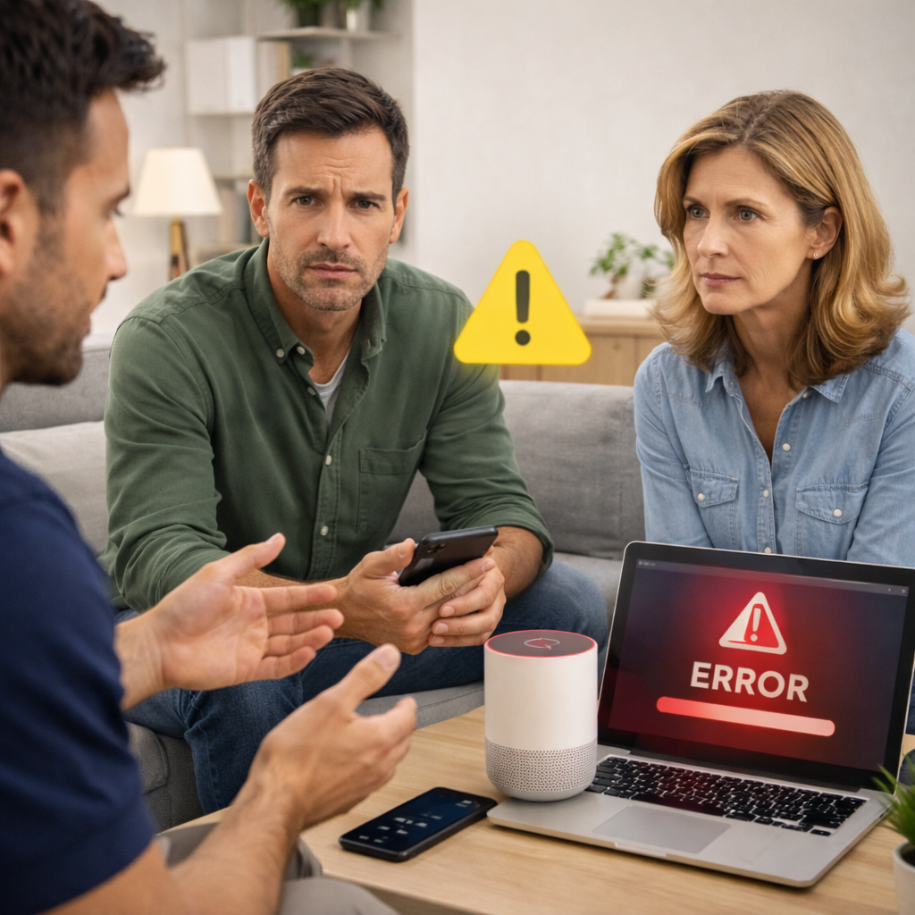 Technician diagnosing a smart home error with homeowners present
