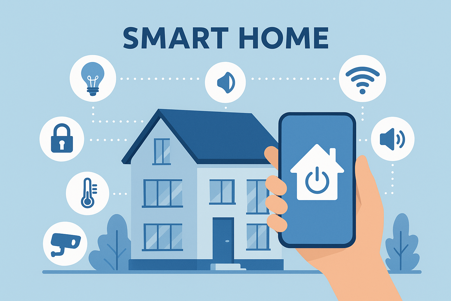 Illustration of a smart home with a hand holding a smartphone displaying a power button icon, surrounded by icons for lighting, security, temperature, camera, speaker, Wi-Fi, and volume, set against a house background.