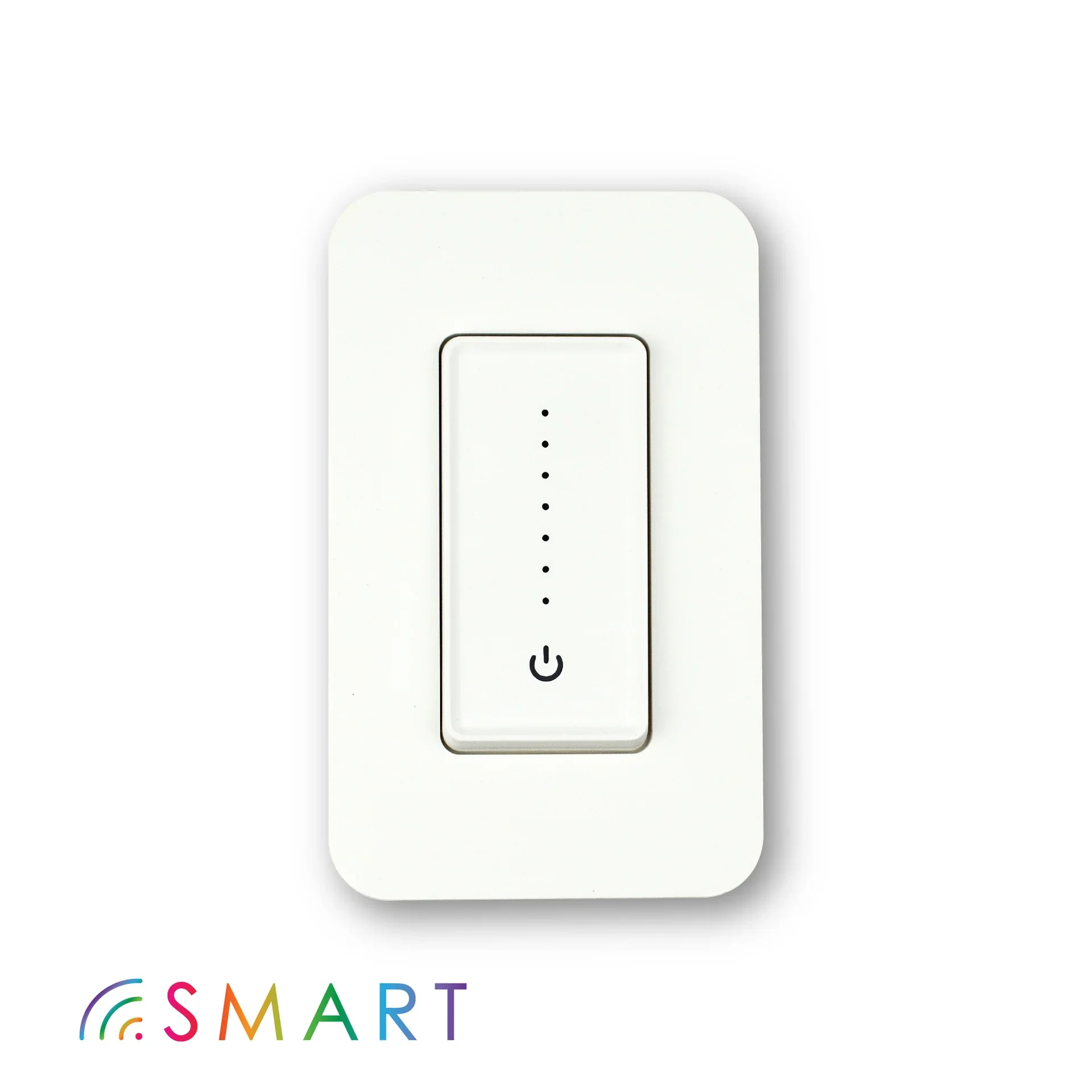 White light switch with vertical sliding control, mounted on a white wall. The word 'SMART' with colorful letters and a rainbow icon is at the bottom of the image.
