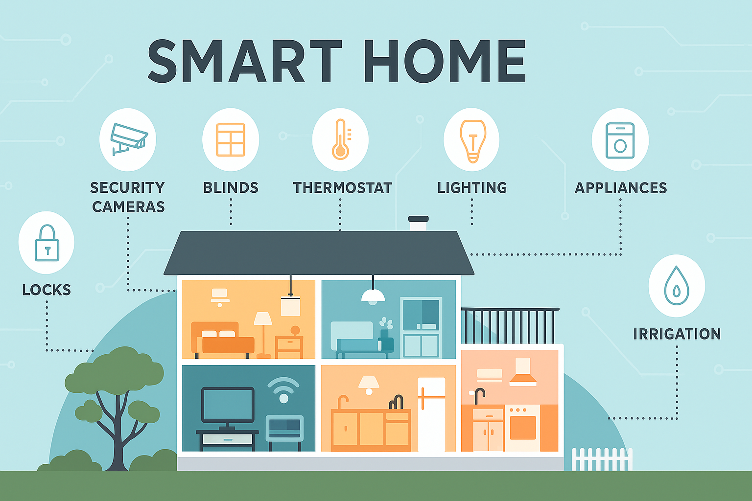 Diagram of a smart home with icons and labels for security cameras, locks, blinds, thermostat, lighting, appliances, irrigation, and Wi-Fi, illustrating connected devices inside and outside a house.