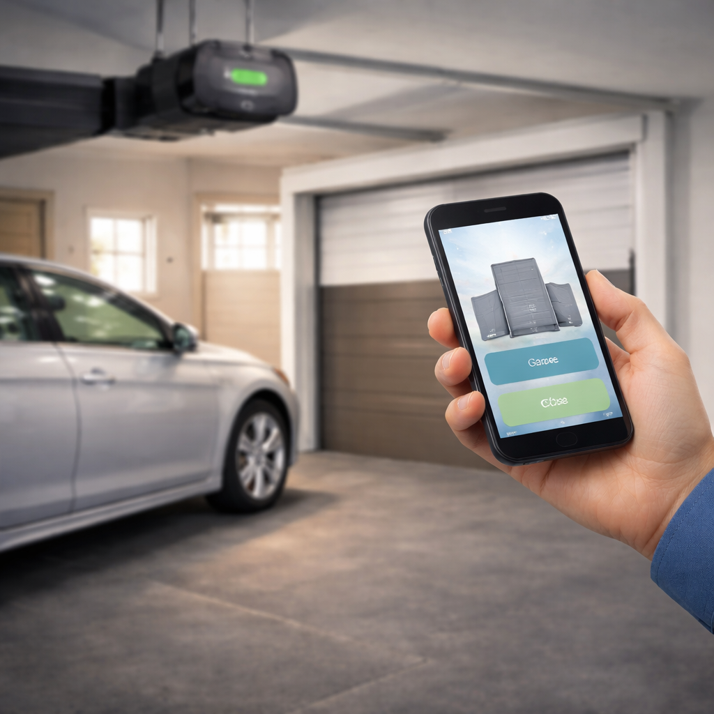 A person holds a smartphone with a garage door app open, showing an image of a garage door and options to park or close; the garage interior includes a silver car and an automatic garage door opener.
