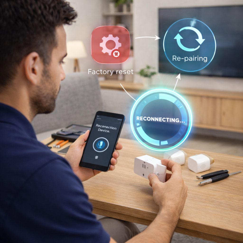 A man holding a smart home device and a smartphone demonstrating re-connection process with digital icons for factory reset and re-pairing in a modern living room.