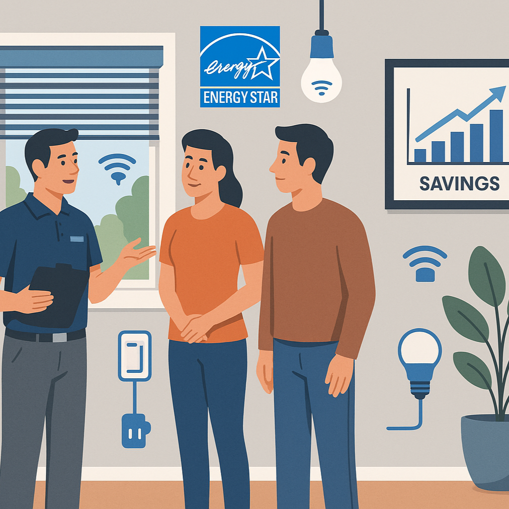 Two customers chatting with a salesperson in an energy-saving store, with signs promoting energy efficiency, Wi-Fi, and savings on energy bills, and a light bulb and power outlet visible.