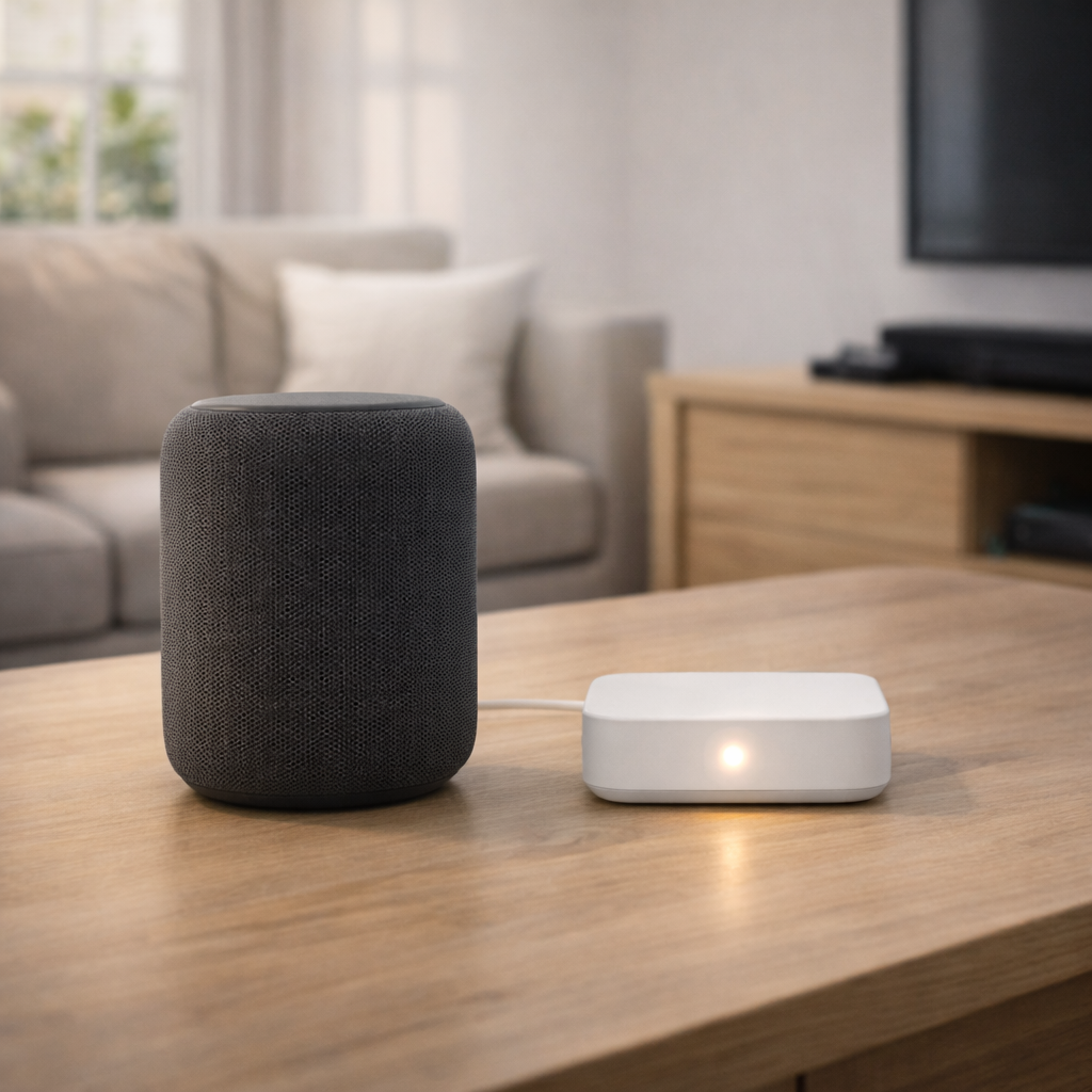 Smart speaker and smart home hub on a wooden coffee table in a living room.