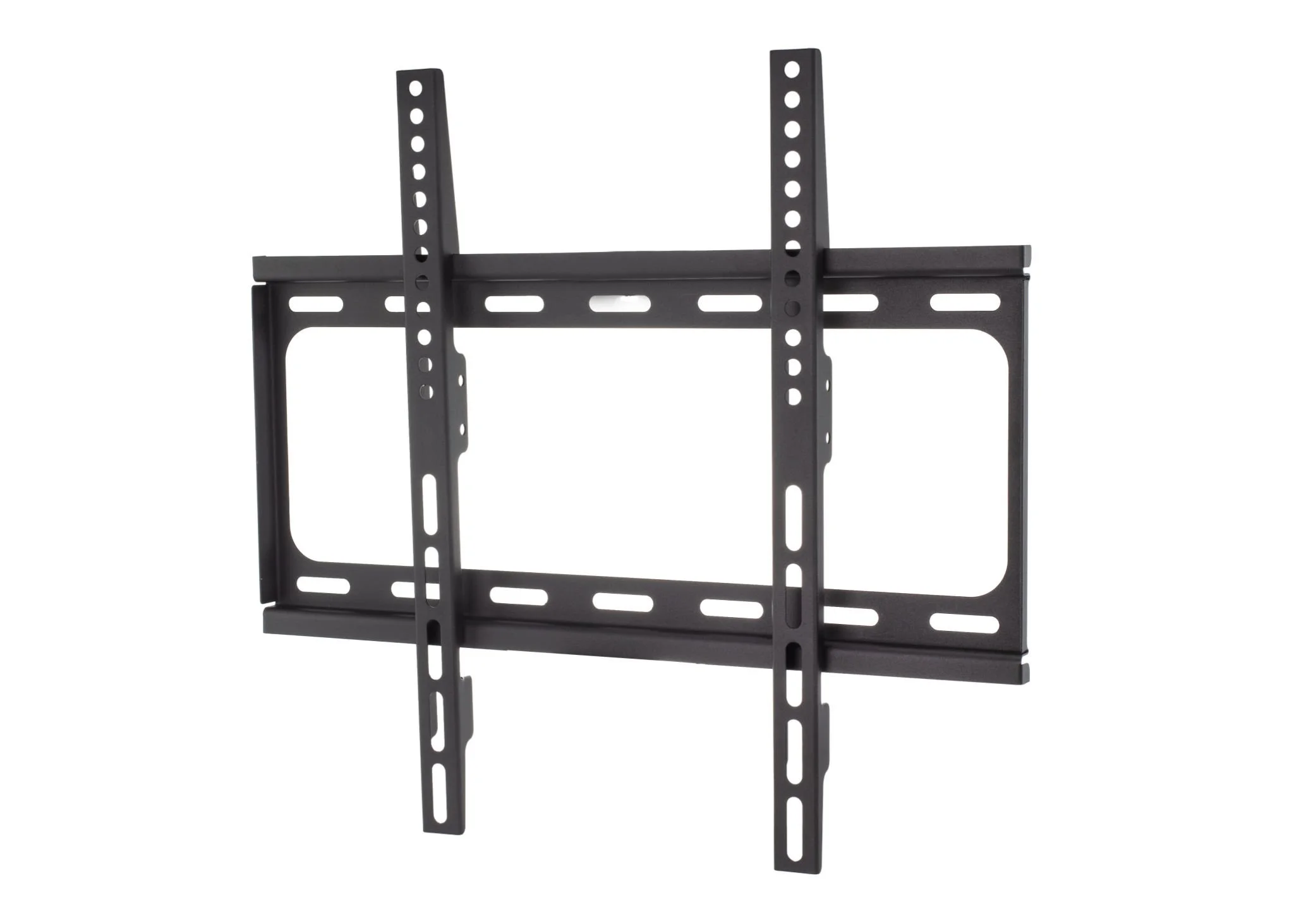 Black TV wall mount bracket against a white background.