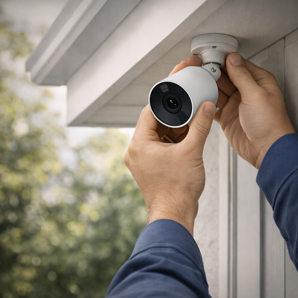 Person installing a security camera on the exterior of a house.