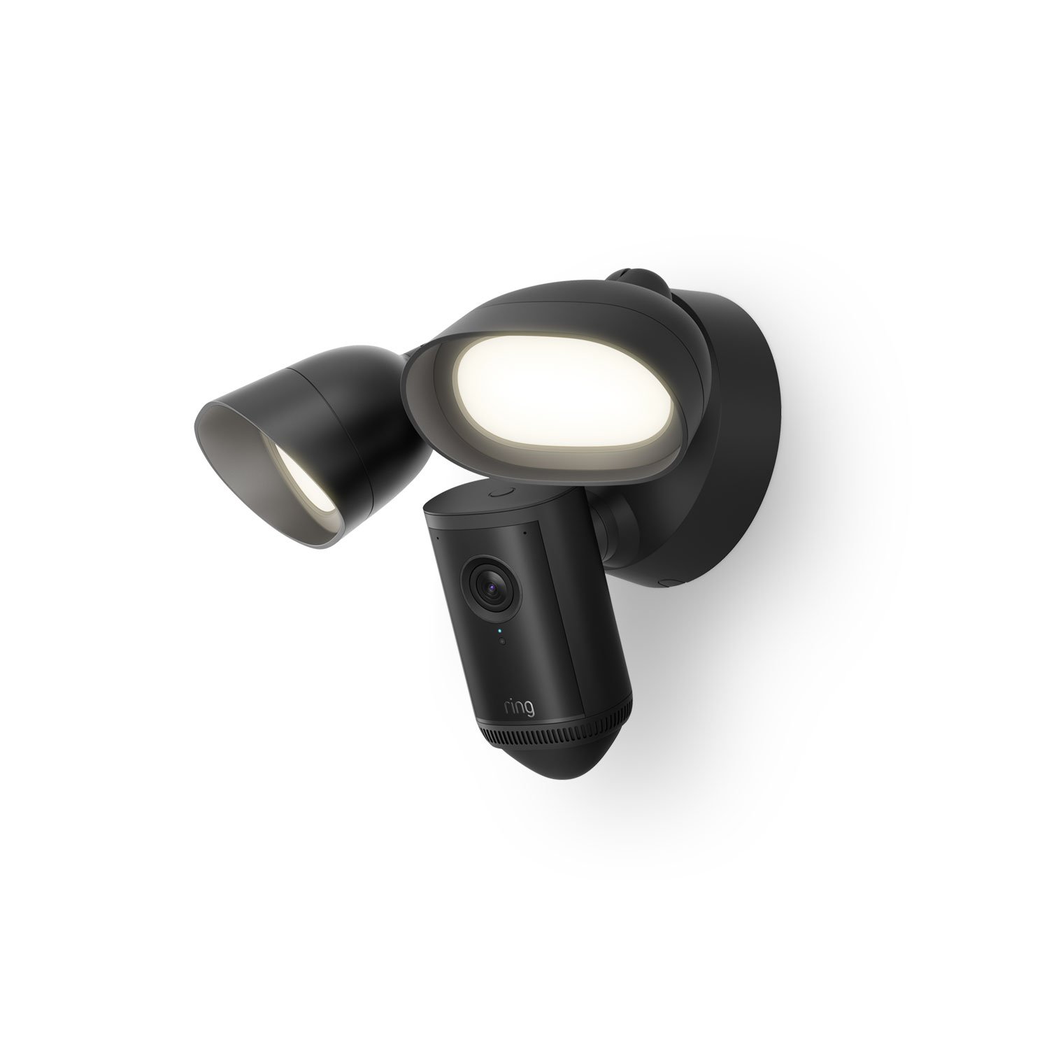 A black outdoor security camera with bright LED floodlights mounted on a white wall.