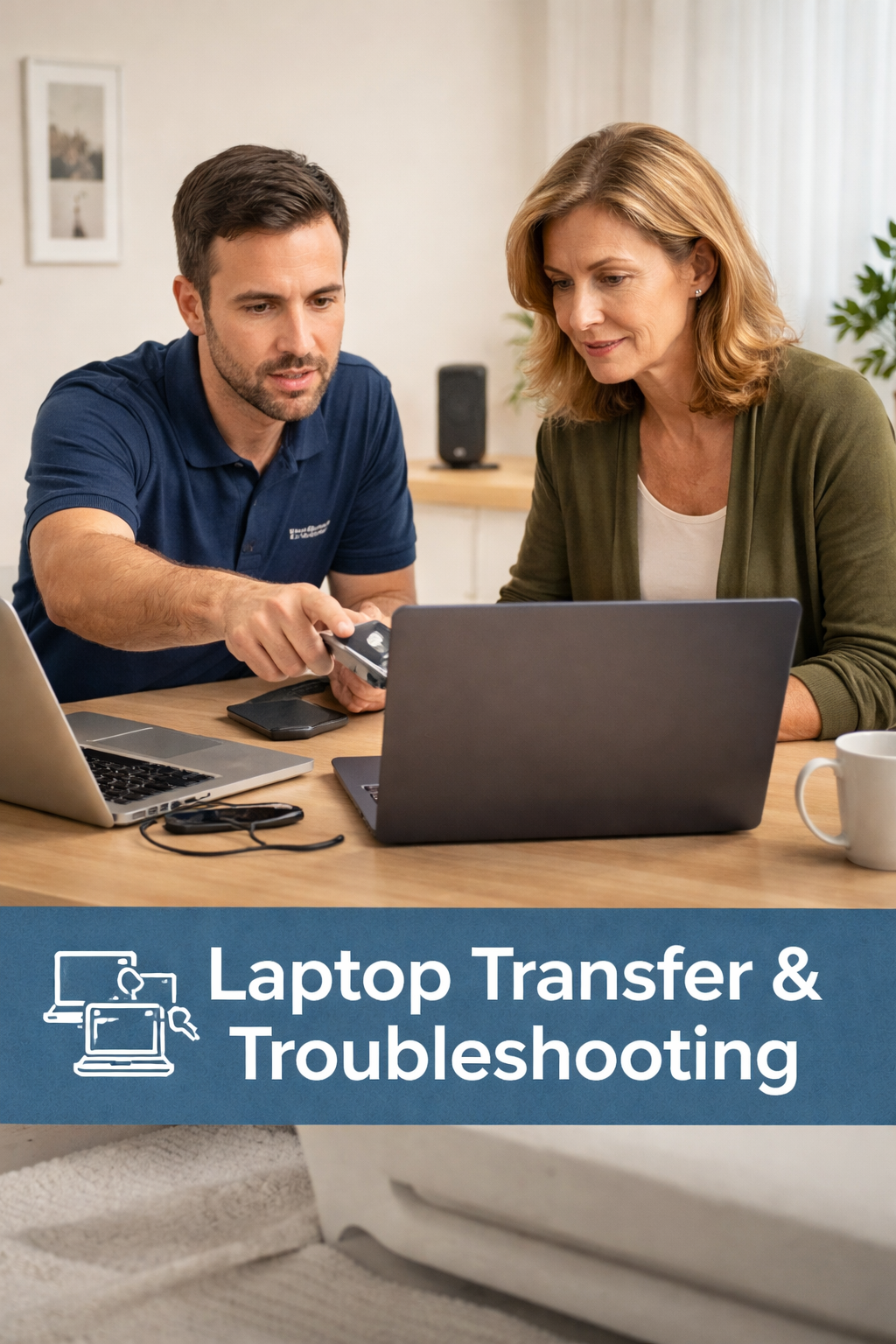 A man and woman work together on laptops at a wooden table, troubleshooting issues related to laptop transfer, with a cup of coffee nearby.