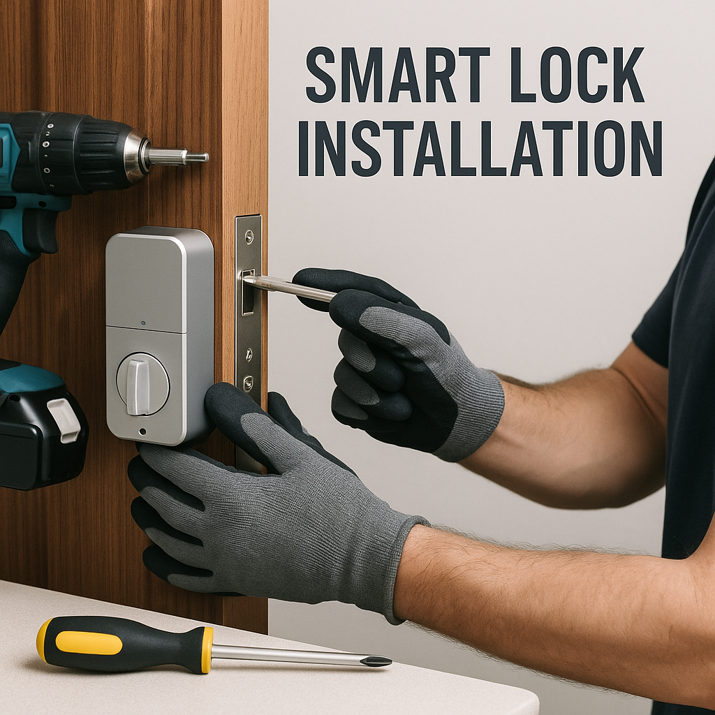 Person installing a smart lock on a wooden door with tools around and a sign that reads 'Smart Lock Installation' in the background.