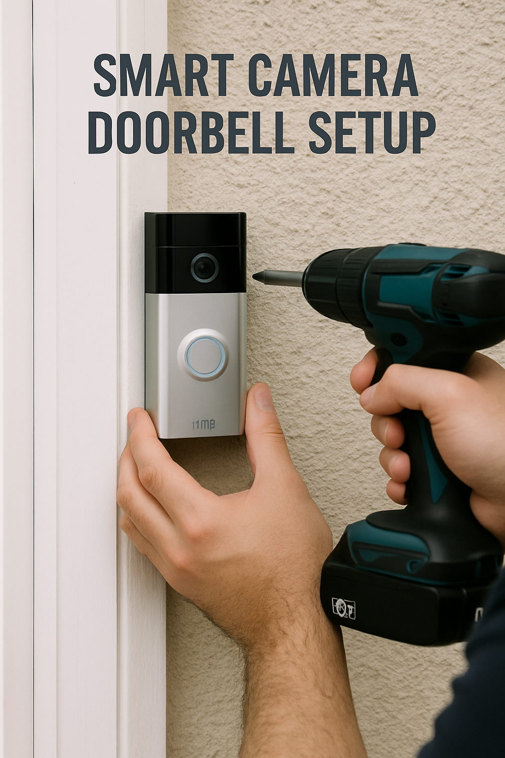 Person installing a smart camera doorbell with a drill on a door frame.