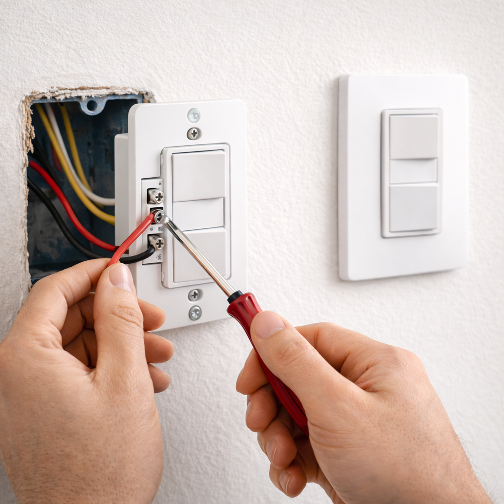 Person using a screwdriver to work on an electrical outlet with exposed wiring on a wall.