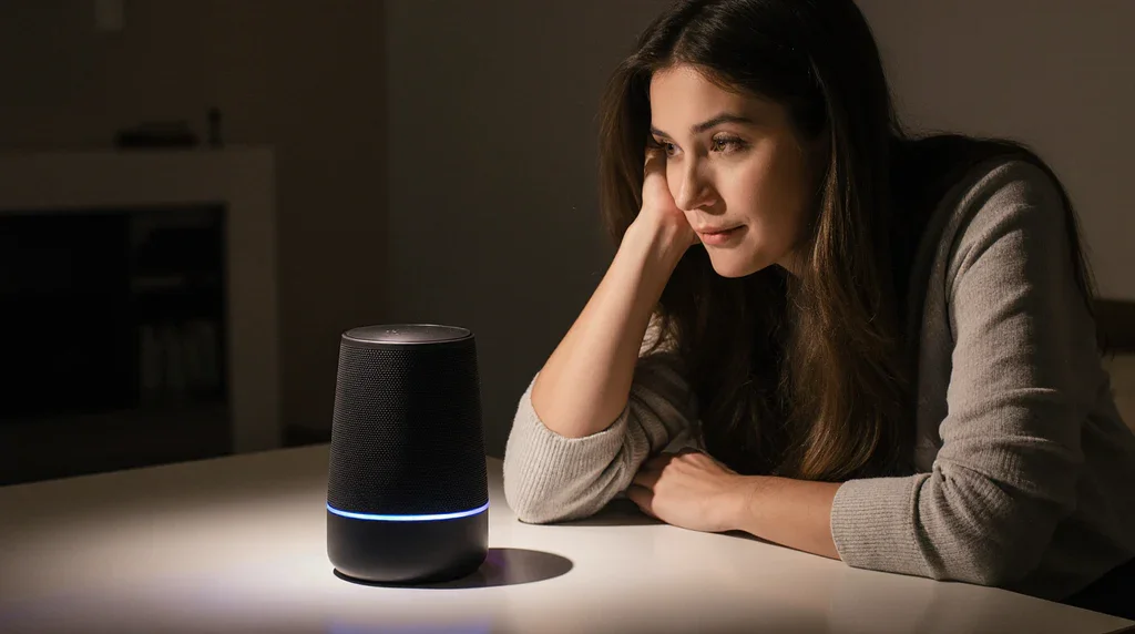 Woman lying on her arm, looking at a smart speaker on a table in a dimly lit room.