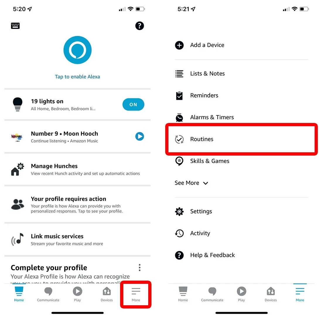 Screenshots of the Alexa app showing the Home and More menus with routines option highlighted.