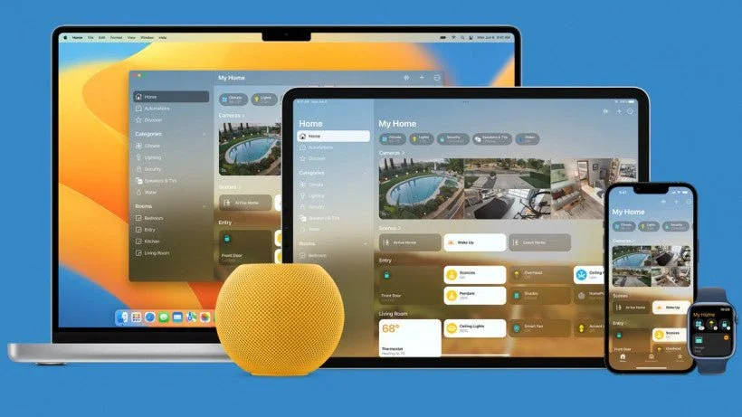 Multiple Apple devices, including a MacBook, iPad, iPhone, Apple Watch, and HomePod, displaying a smart home app interface with a backyard swimming pool.