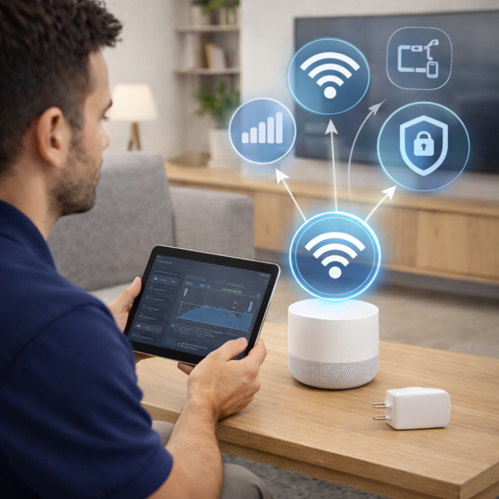 A man is sitting at a wooden table holding a tablet, controlling a smart speaker with floating icons representing Wi-Fi, signal strength, security, and smart home devices projected above a smart speaker in his living room.