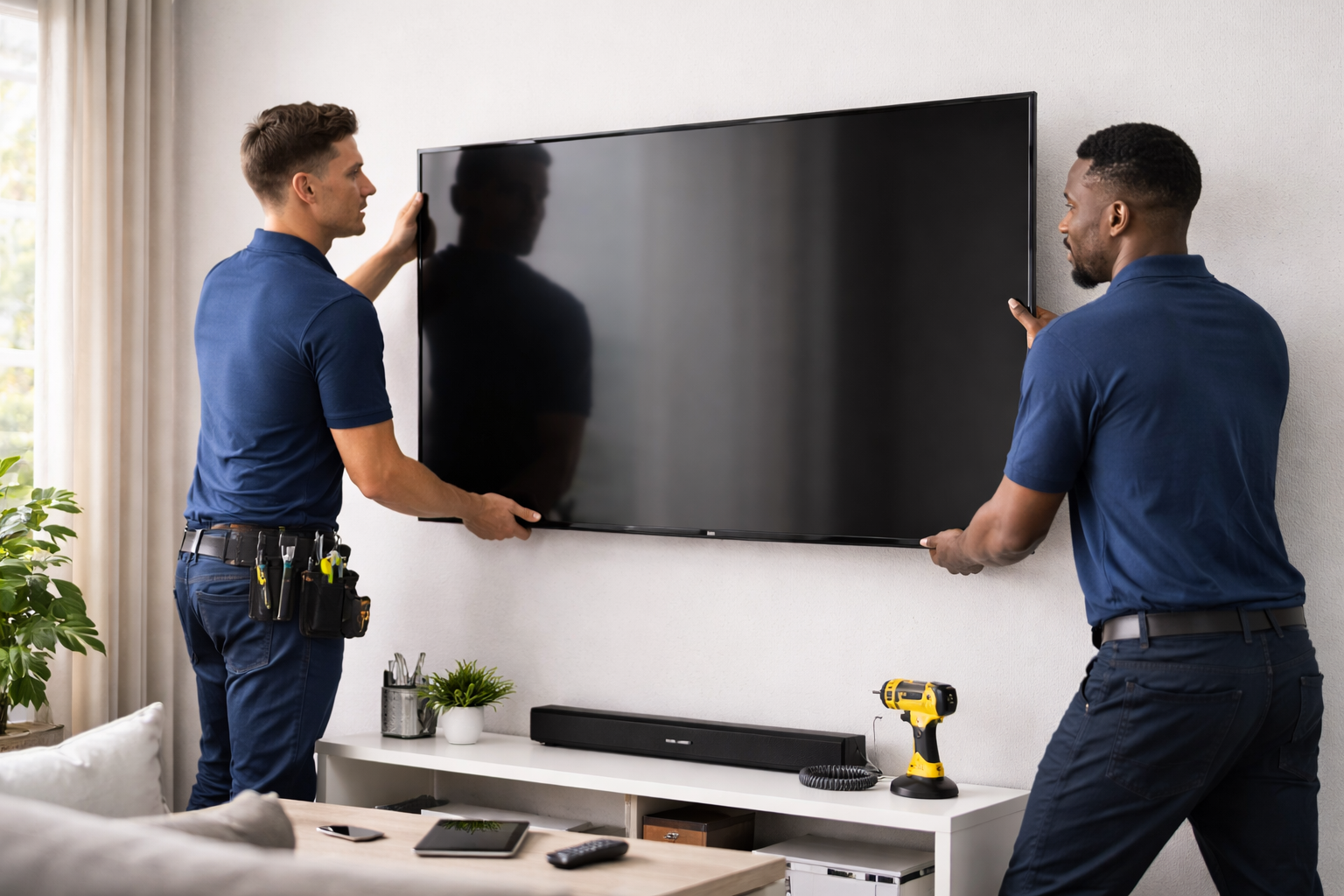 Two men installing a flat-screen TV on a white wall in a living room.