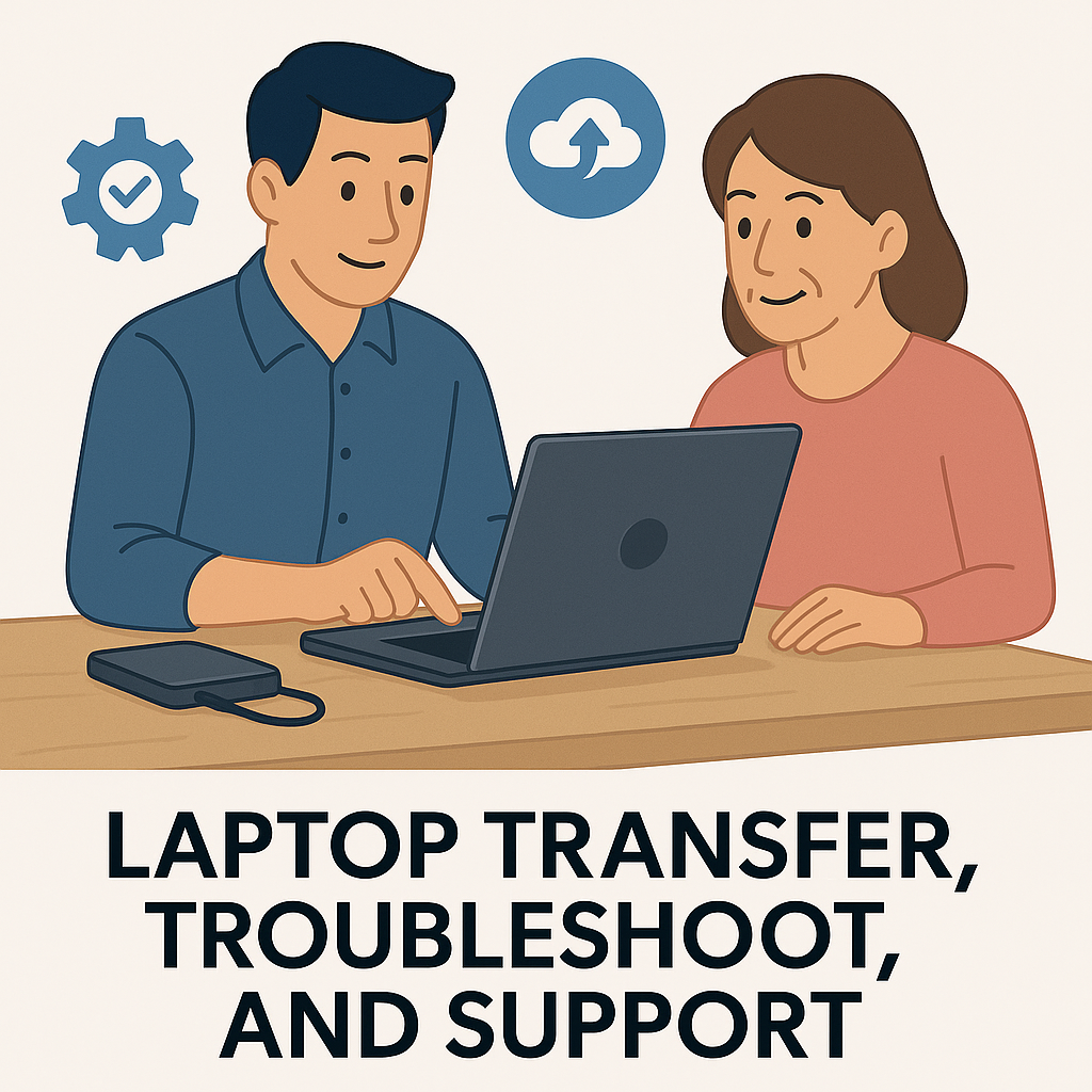 An illustration of a man and woman sitting at a table with a laptop, discussing. There is a cloud upload icon above them and a gear with a checkmark on the left side. Text says "Laptop Transfer, Troubleshoot, and Support."